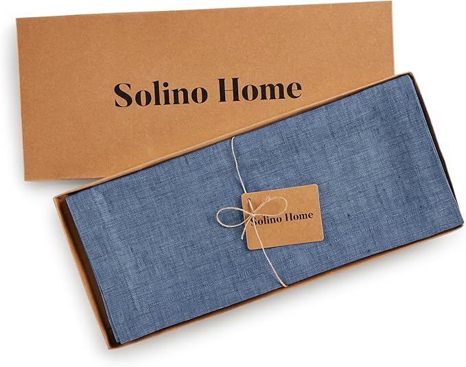Solino Home Linen Table Runner 120 Inches Long - Athena, 100% Pure Linen Blue Denim Dining Table Runner 14 x 120 Inch