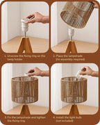 EDISHINE Small Rattan Table Lamp, Wood Tripod Bedside Lamp, Boho Nightstand Lamp for Living Room, End Table, Office, E26 Base, Natural Style