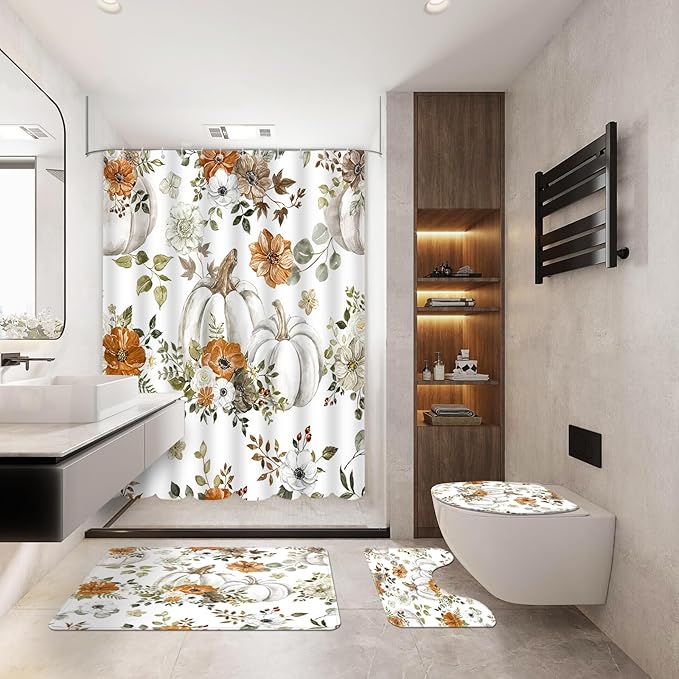 MEHOFOND 4pcs Pumpkin Shower Set for Bathroom - Fall/Thanksgiving Day - Shower Curtain, Rug, Toilet Lid Cover, U Shape Mat - Washable - 72"x72"