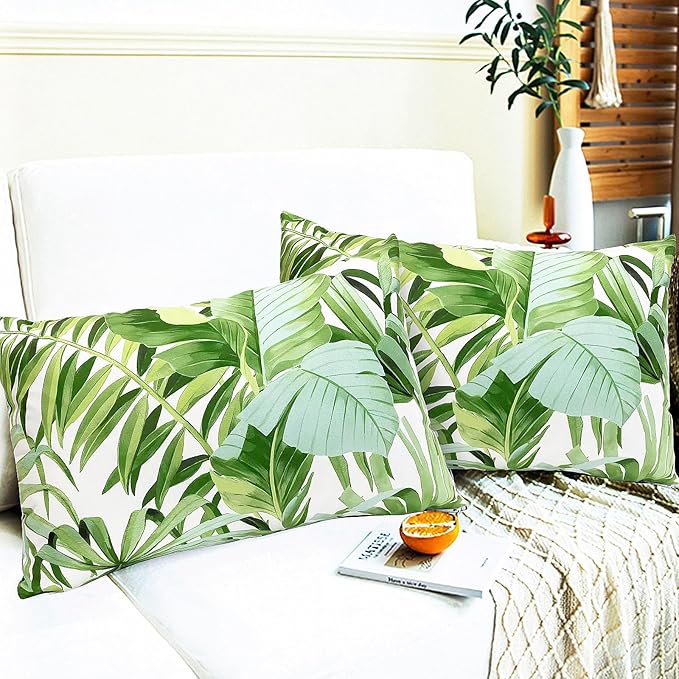 Decorative Throw Pillow Covers Set of 2 Green Leaves of Tropical Pillow Covers 12x20 inch Super Soft Short Plush Square Throw Pillows,Farmhouse Outdoor Pillow Covers for Couch Living Room
