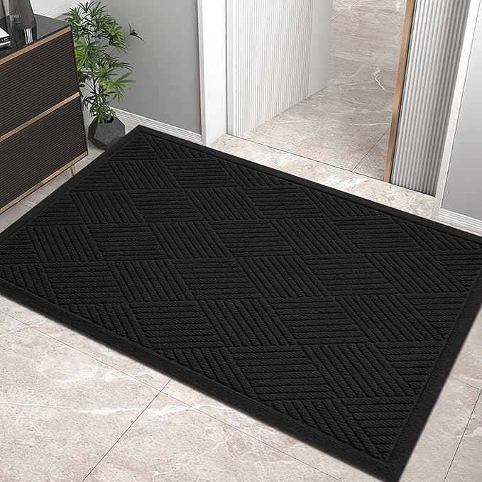 Sturdy Front Door Mat, Absorbent Muddy Dirt Resist Welcome Door Mats Outdoor Indoor, Stain and Fade Resistant, Non-Slip Rubber Backing Low Profile Doormat for Entryway, 36×24, Black