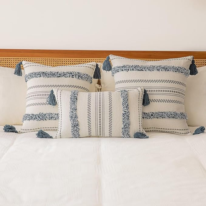 Boho Throw Pillow Covers 12x20 Set of 2 Woven Tufted Farmhouse Pillows Cover with Tassels Textured Striped Cushion Case Lumbar Pillow Cases Decorative Pillowcase for Sofa, Couch, Bed, Dark Blue