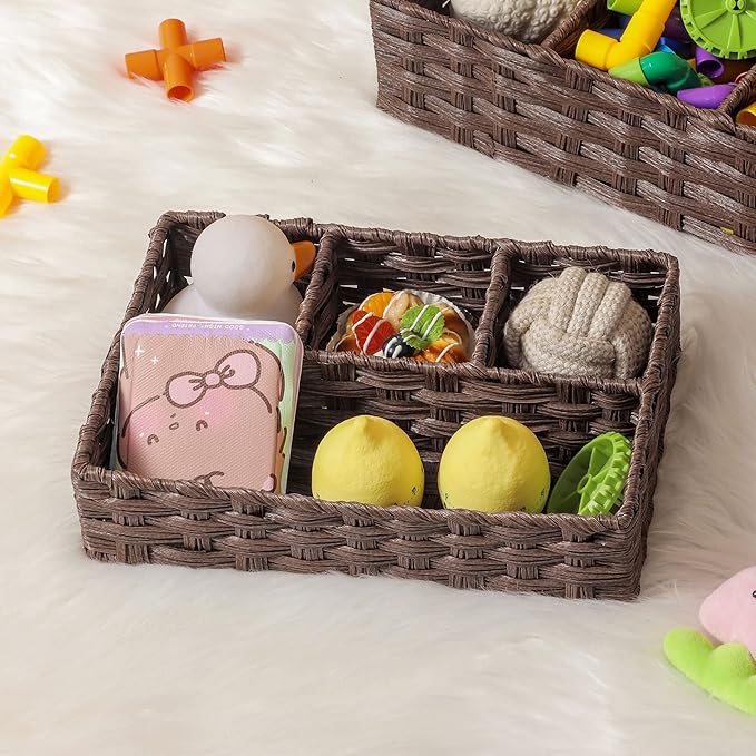 Toilet Tank Topper Paper Basket Multiuse Hand Woven Plastic Wicker Basket Bins with Divider for Shelves Rustic Farmhouse Bathroom Decor Countertop Organizer Storage