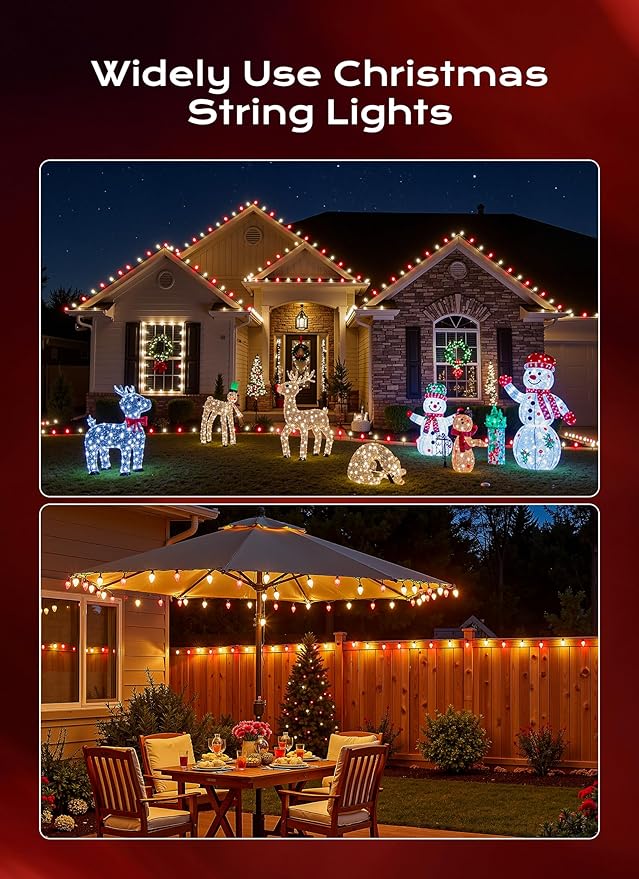 C9 Christmas Lights Outdoor, 33 FT 50 LED Connectable C9 String Lights with 8 Modes and Timer Xmas Tree Patio Roofline Garden Yard Holiday Party Indoor Outdoor Decoration, Red and Warm White