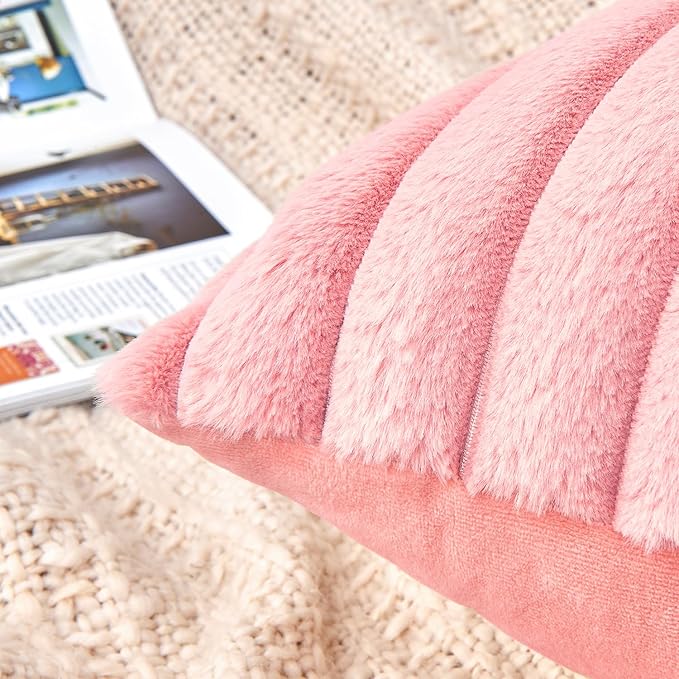 Throw Pillow Covers Decorative Faux Fur Set of 2 12x20 Inch Pillow Covers, Soft Pink Lumbar Plush Striped Pillowcases for Couch Sofa Bed Living Room, Fluffy Cute Home Boho Accent Fuzzy Decor