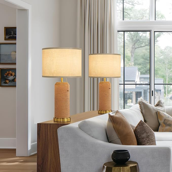 Modern Rattan Table Lamps Set of 2-22.4" Boho Nightstand Bedside Lamp for Bedroom Living Room Vintage End Table Lamps