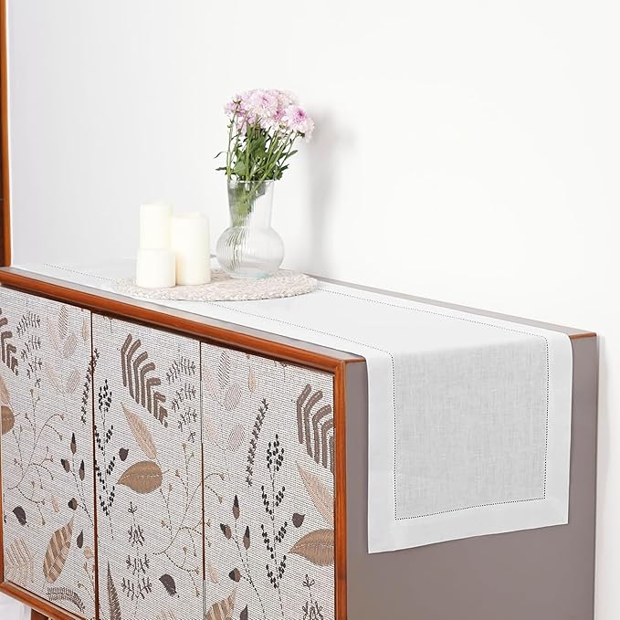 D'Moksha Homes Linen White Table Runner 48 Inches - Classic Hemstitch, 100% Pure Linen Coffee Table Runner 14 x 48 Inch Ideal for Dresser Tables - Fall, Autumn and Halloween