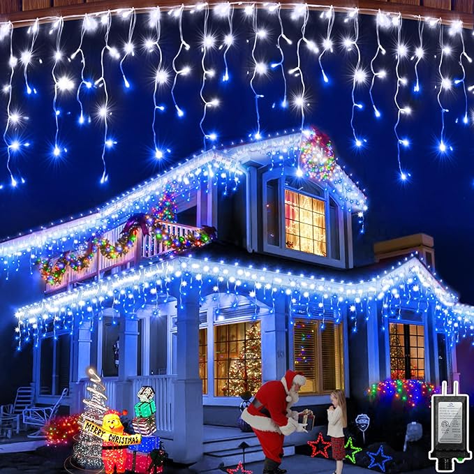 648 LED 66FT Christmas Lights 144 Drops, Outdoor Hanging light with 8 Modes & Timer, Plug in Curtain String Light Outdoor Waterproof for Holiday Wedding Party House Tree Outside Decor (Blue & White)