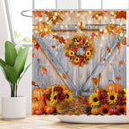 Funnytree 72"x72" Rustic Autumn Pumpkins Wood Barn Door Sunflowers Fall Thanksgiving Harvest Farmhouse Shower Curtain for Bathroom Decor Machine Washable (Hooks Not Included)