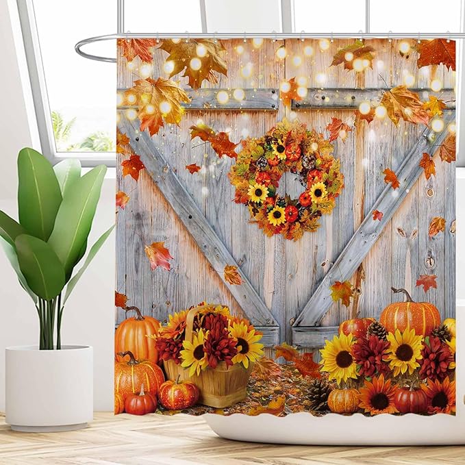 Funnytree 72"x72" Rustic Autumn Pumpkins Wood Barn Door Sunflowers Fall Thanksgiving Harvest Farmhouse Shower Curtain for Bathroom Decor Machine Washable (Hooks Not Included)