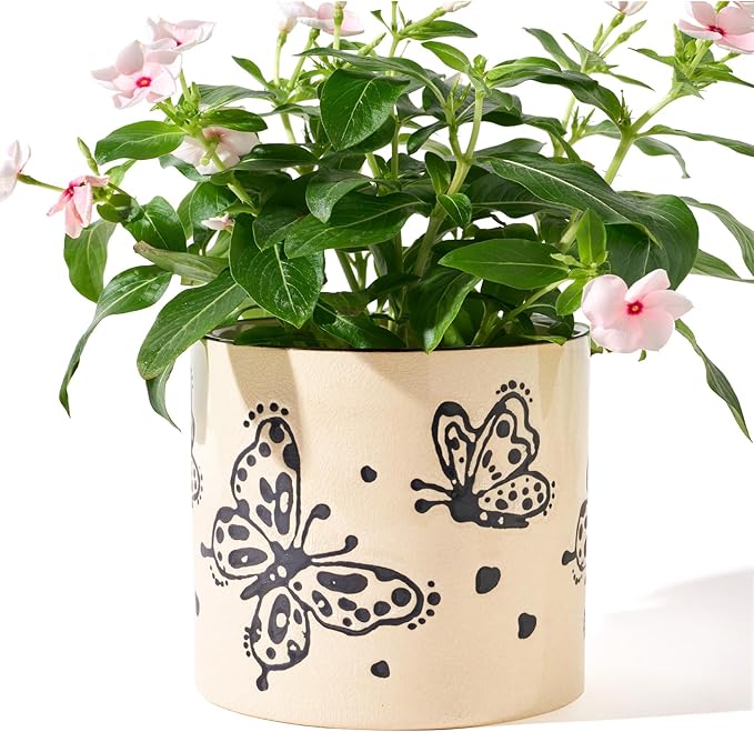 5 Inch Ceramic Plant Pots with Drainage Holes, Small Round Flower Pots for Indoor Plant, Unique Animal Flower Planters (Butterfly)