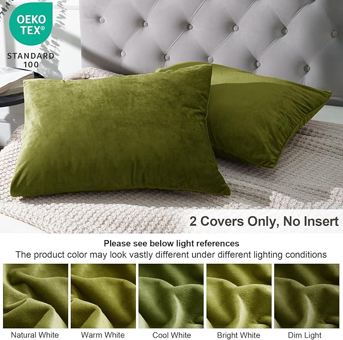 PHF Super Soft Velvet Pillowcases King Size, No Insert, 2 Pack Luxury Cozy Warm Pillow Shams Covers with Envelope Closure, 20" X 36" Cozy Fuzzy Flannel Pillow Case, Olive Green