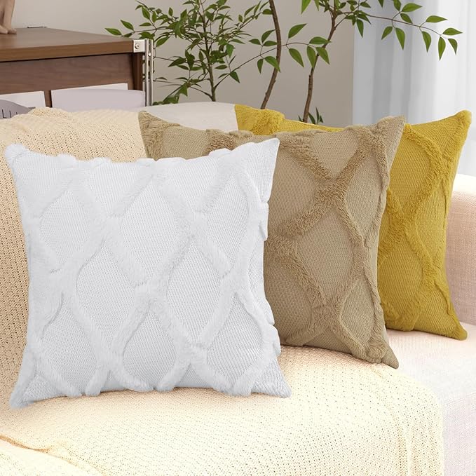 decorUhome Throw Pillow Covers 16x16 Inch Set of 2, Soft Plush Faux Fur Wool Khaki Couch Pillow Covers, Decorative Neutral Pillow Cases for Bed Sofa Living Room Home Decor