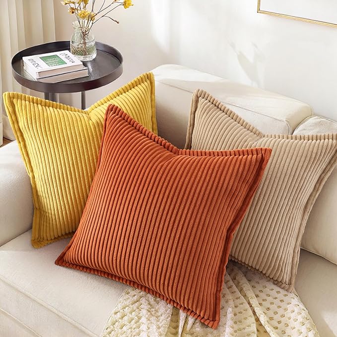 decorUhome Corduroy Mustard Yellow Throw Pillow Covers 16x16 Set of 2 Decorative Soft Boho Farmhouse Euro Couch Pillow Covers for Living Room Bed Sofa Broadside Striped Pillow Cases