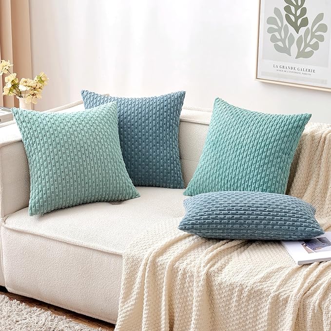 MIULEE Pack of 2 Decorative Throw Pillow Covers 18x18 Inch Soft Boho Striped Textured Corduroy Pillow Covers Modern Farmhouse Home Decor for Couch Bed Sofa Living Room Blue Grey