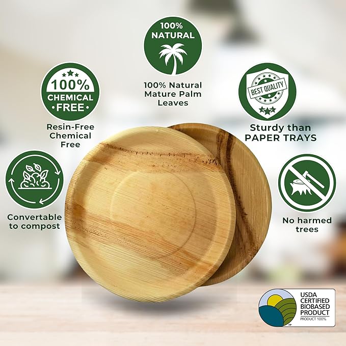 Dtocs Disposable Charcuterie Boards (25) 13" Round Palm Leaf Plates | Bamboo Like Strong Compostable Trays, Serving Platters, Grazing, Cheese Boards for Wedding Parties, Catering | Wooden Look
