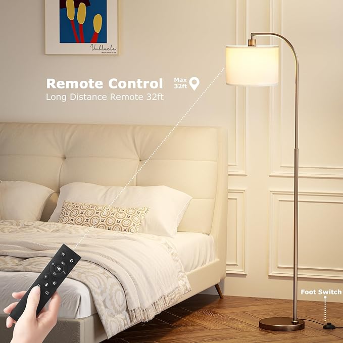 Arc Floor Lamp with Remote and Stepless Dimmable Bulb, Colors Temperature & Brightness Adjustable, Floor Lamps for Living Room（White Shade & Brown Pole）