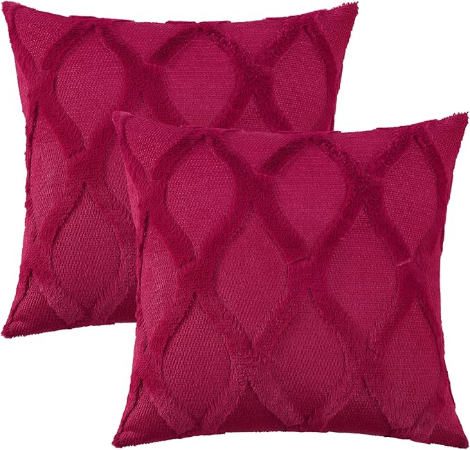 decorUhome Christmas Throw Pillow Covers 18x18 Inch Set of 2, Soft Plush Faux Fur Wool Burgundy Couch Pillow Covers, Decorative Neutral Pillow Cases for Bed Sofa Living Room Home Decor