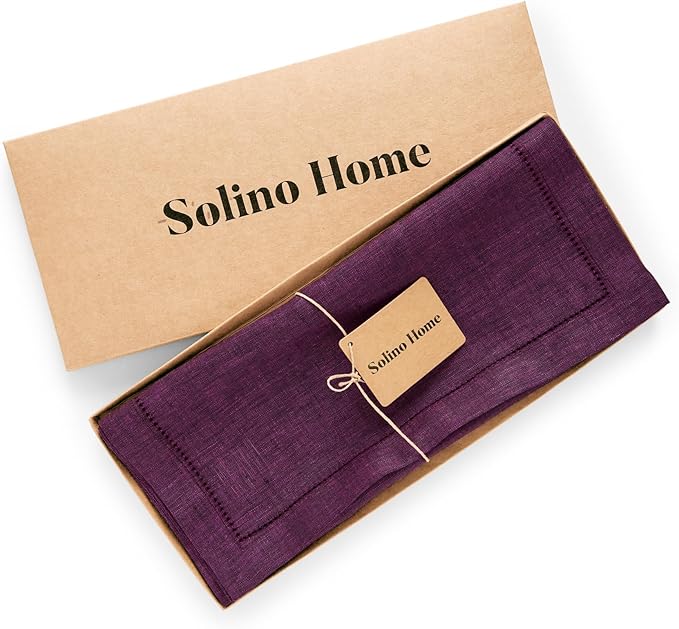 Solino Home Linen Table Runner 90 Inches Long - Milan Hemstitch 100% Pure Linen Grape Dining Table Runner 14 x 90 Inch for Fall, Autumn, Halloween, Thanksgiving, Christmas