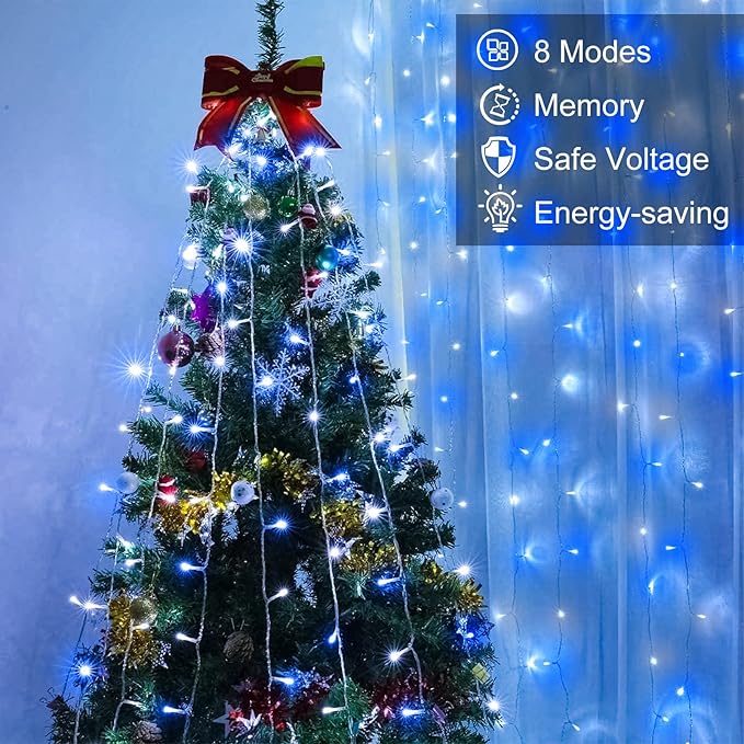 165FT 500 LED Christmas Lights, Plug in Christmas String Lights with Waterproof, 8 Modes Twinkle Fairy Lights for Xmas Garden Tree Holiday Decorations, Blue White