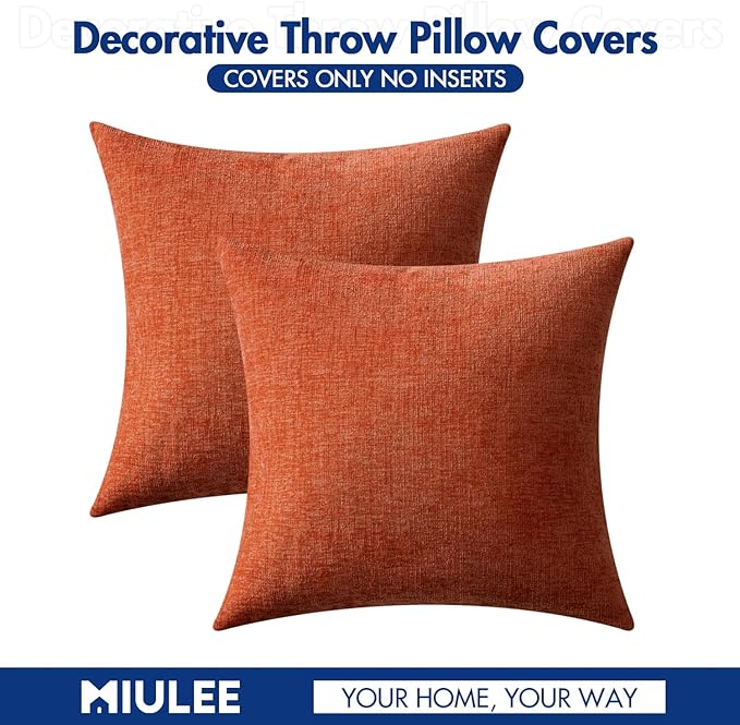 MIULEE Fall Pack of 2 Rust Throw Pillow Covers 20x20 Inch Soft Chenille Pillow Covers for Sofa Living Room Couch Solid Dyed Cases