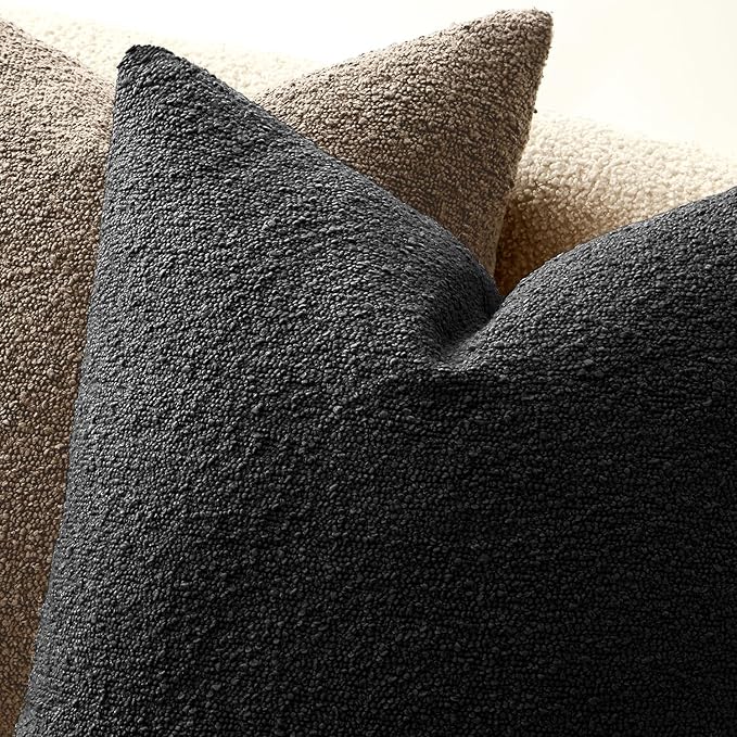 ANRODUO Pack of 2 Textured Boucle Throw Pillow Covers Soft Black Decorative Accent Solid Pillow Cases Cozy Modern Couch Cushion Case for Chair Sofa Bedroom Living Room Home Decor, 20 x 20 Inch