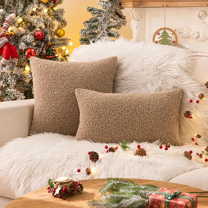 AQOTHES Khaki Winter Throw Pillow Covers 12x20 Inch Set of 2, Boucle Faux Fur Pillow Covers,Cozy Fluffy Home Living Room Farmhouse Decor for Sofa Couch Bed
