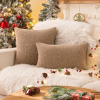 AQOTHES Khaki Winter Throw Pillow Covers 12x20 Inch Set of 2, Boucle Faux Fur Pillow Covers,Cozy Fluffy Home Living Room Farmhouse Decor for Sofa Couch Bed