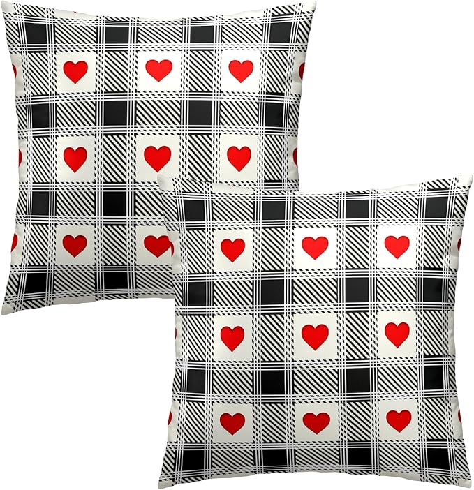 Love Theme Throw Pillow Covers Set of 2, 20x20 Inch Black White Plaid with Red Heart Print Square Pillowcases for Living Room Bedroom Sofa Couch Patio Outdoor Home Decor