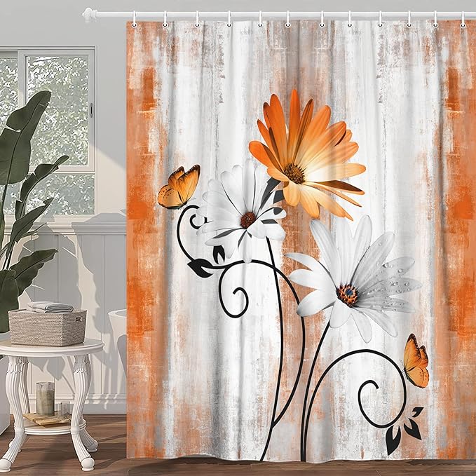 Rustic Farmhouse Shower Curtain, Farm Orange Daisy Floral Fall Flowers and Butterfly on Country Wooden Autumn Shower Curtain for Bathroom, Yellow Grey Gray Red Gold Curtain with 12PCS Hooks, 70X84IN