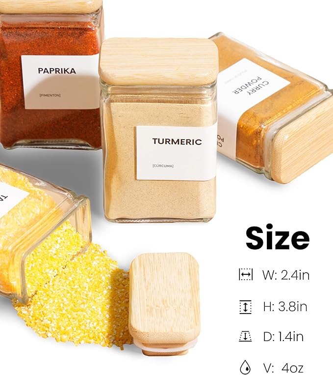 APT 1101 Glass Square Spice Jars with Labels, 4oz Glass Jars with Bamboo Lids, Spice Bottles, Seasoning Organizer, 12 Pack (White)