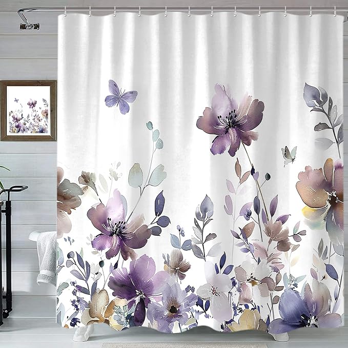 Sanzugh Purple Floral Shower Curtain, Cute Boho Watercolor Flower Wildflower Leaves Butterfly White Fabric Shower Curtains Set for Bathroom Decorative with Hooks 60 X 72 inch Spring Bath Decor