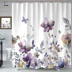 Sanzugh Purple Floral Shower Curtain, Cute Boho Watercolor Flower Wildflower Leaves Butterfly White Fabric Shower Curtains Set for Bathroom Decorative with Hooks 72 X 72 inch Spring Bath Decor