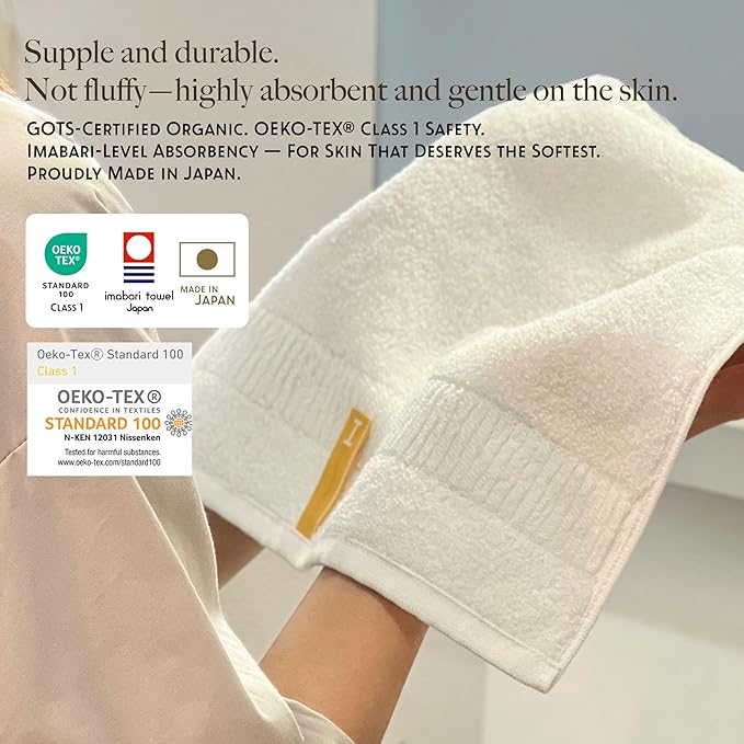 Highly Absorbent Organic Cotton Washcloths, Soft & Durable Face Towels, Made in Japan, Oeko-Tex Class 1 Certified, 7.1 x 7.1 inch, White, Pack of 4 – Proof of Purity