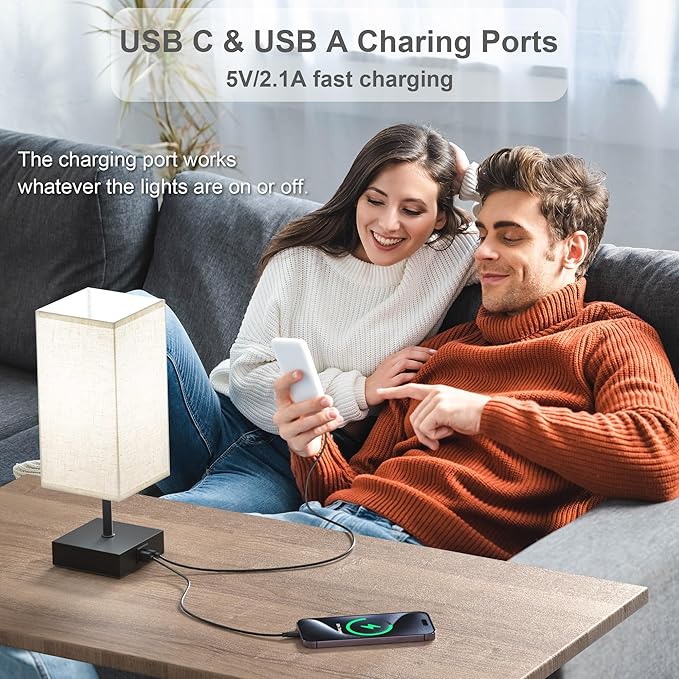 hansang Table Lamp, Touch Bedside Lamps 3 Way Dimmable, USB A&C Charging Port, Small Lamp for Bedroom, Reading Room, 5000K LED Bulb Included