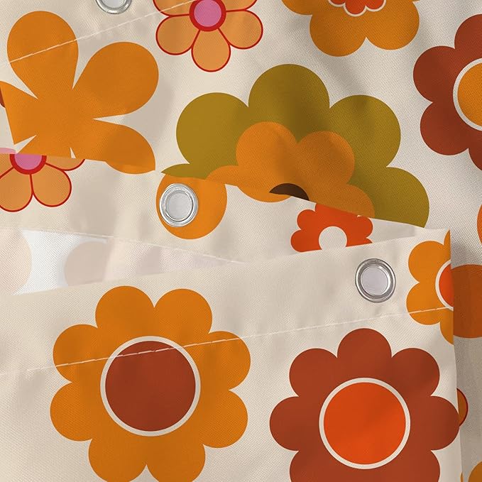 Retro Flowers Shower Curtain, Groovy Brown Orange Sun Flower Vintage 70s Fabric Shower Curtains Set for Bathroom Funky Hippie 1970 Boho Yellow Floral Decoration with Hooks 72 X 72 inch Bath Decor
