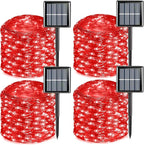 QITONG 4 Pack Red Solar Fairy Lights, Each 33ft 100 LED Christmas String Light Outdoor Waterproof, 8 Modes Silver Wire Mini Twinkle Lights