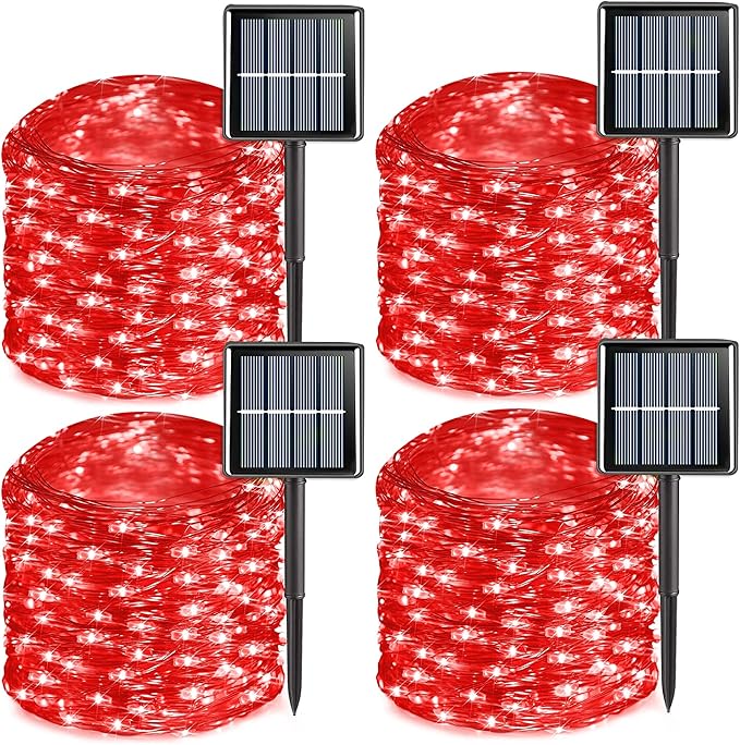 QITONG 4 Pack Red Solar Fairy Lights, Each 33ft 100 LED Christmas String Light Outdoor Waterproof, 8 Modes Silver Wire Mini Twinkle Lights