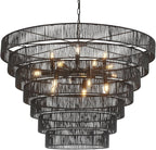 39.4“ Large Black Rattan Chandelier Vintage Farmhouse 15-Lights Boho Hand-Woven Bamboo Chandeliers Light Fixture Rustic Drum Wicker Chandelier for Dining Room, Living Room, Kitchen Island, E12