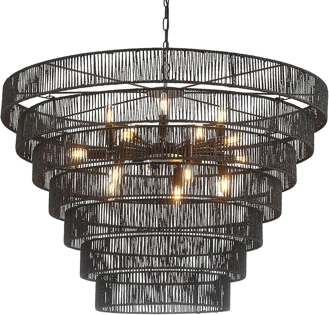 39.4“ Large Black Rattan Chandelier Vintage Farmhouse 15-Lights Boho Hand-Woven Bamboo Chandeliers Light Fixture Rustic Drum Wicker Chandelier for Dining Room, Living Room, Kitchen Island, E12