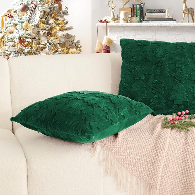 Christmas Pillow Covers 20x20, Soft Faux Rabbit Fur Throw Pillow Covers with 3D Embroidery Christmas Tree and Snowflake Design for Winter Holiday Home Decor, Couch Sofa Bedroom, Green