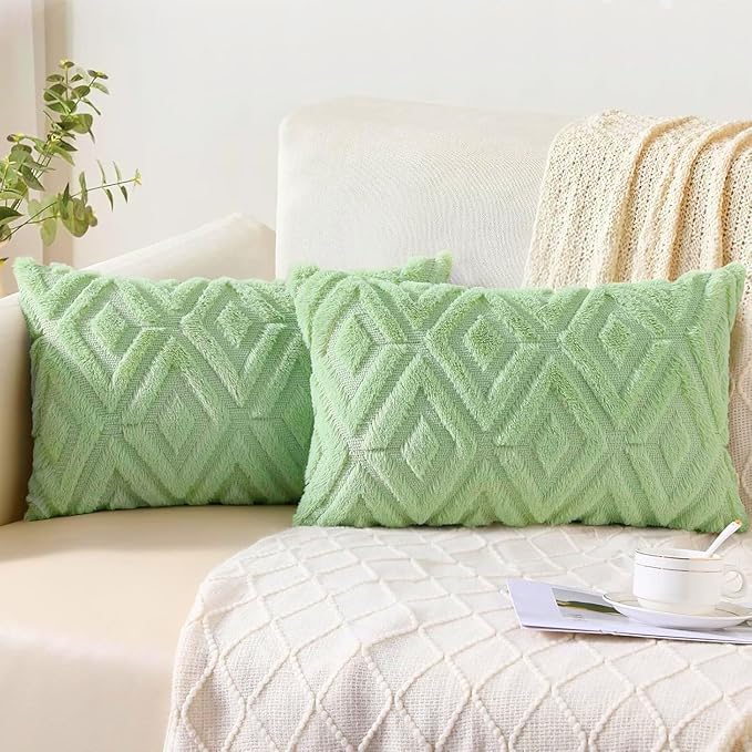 Pallene Sage Green Throw Pillow Covers 12x20 Set of 2, Soft Plush Faux Fur Decorative Lumbar Couch Pillow Covers for Sofa Bed Living Room Pillow Cases with 3D Diamond Pattern