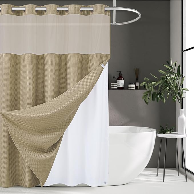 Furlinic No Hook Waffle Weave Shower Curtain with Snap in Fabric Liner,Honeycomb Textured Bathroom Curtains with See Through Top Window,Waterproof & Machine Washable,Beige,71x78 Inch
