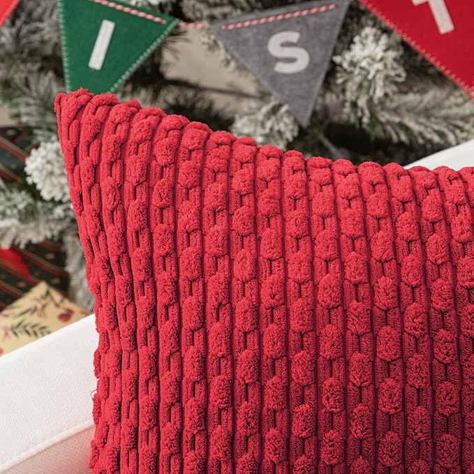 Kevin Textile Christmas Corduroy Decorative Throw Pillow Covers 12x20 Inch Pack of 2 Soft Boho Striped Pillow Covers Modern Farmhouse Home Decor for Sofa Living Room Couch Bed Red