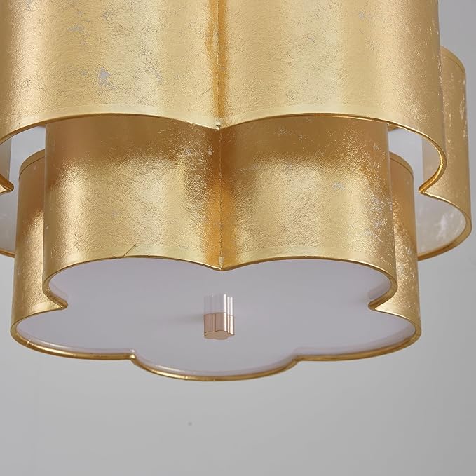 Shrine Lighting Chandeliers, Modern Design, Perfect Drum Pendant Light for Dining Room, D17.3'' × H9.4'', Adjustable 35'', 4 x E12 Sockets, Two Cloth Gold Lampshades & Gold Frame Finish