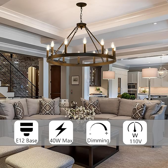 Black Wagon Wheel Chandelier 32 inch,12-Light Farmhouse Wagon Wheel Chandeliers Round Industrial Ceiling Light fixtures for Outdoor Porch high Ceilings Living Dining Room Foyer Entryway
