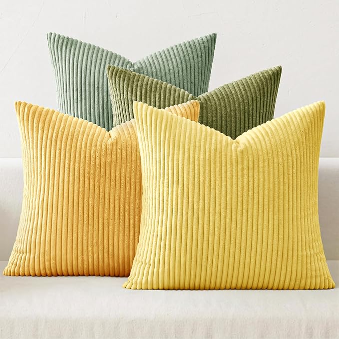 MIULEE Boho Farmhouse Yellow Green Throw Pillow Covers 20x20 Inch Set of 4 Mordern Nordic Cushion Covers Soft Corduroy Home Decor for Couch Bed Sofa Living Room