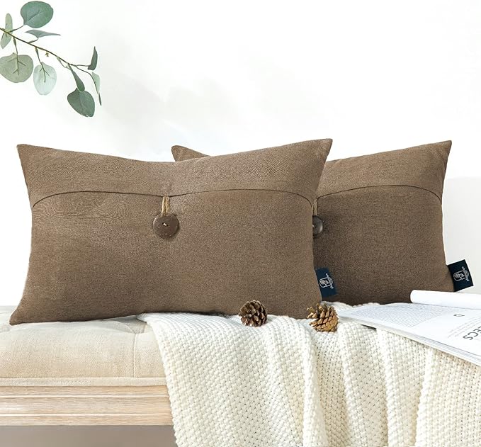 Phantoscope Pack of 2 Farmhouse Throw Pillow Covers Premium Coconut Button Vintage Linen Solid Decorative Pillow Cover for Couch Bed and Chair Coffee 12 x 20 inches 30 x 50 cm