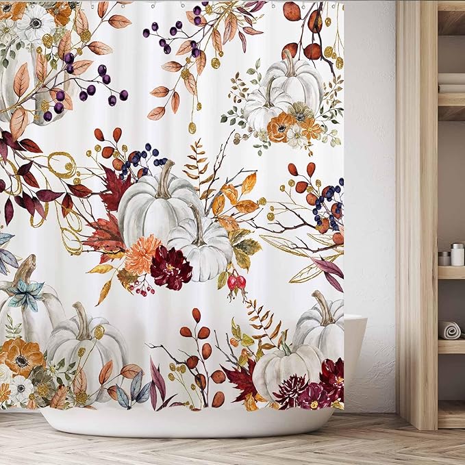 Funnytree 72"x72" Autumn Boho Pumpkins Watercolor Floral Leaves Rustic Fall Thanksgiving Harvest Farmhouse Shower Curtain for Bathroom Decor Machine Washable (Hooks Not Included)