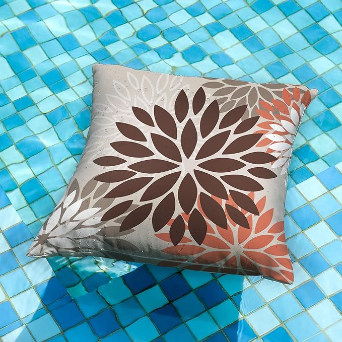 DFXSZ Brown Red Orange Pillow Covers 16x16 Inch Set of 2 Flower Throw Pillows Outdoor Waterproof Decor for Living Room Couch Patio Funiture Garden Modern Floral Polyester Pillow Covers 002A16
